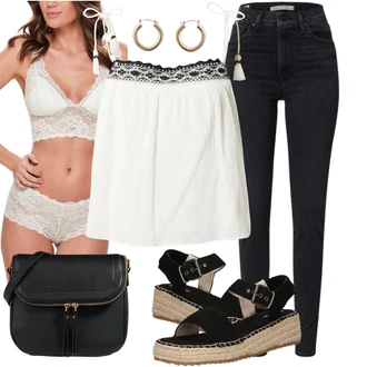 Outfit s Černá/Hnědá/Béžová Espadrilka na Podpatku/Espadrille sandál/Espadrilka s klínovým podpatkem About You "Perfektní na léto"