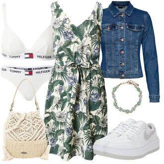 Outfit s Zelená/Tmavě zelená Šaty Bez Rukávů/Zavinovací Šaty/Letní Šaty/Šaty s Kapsou/Šaty S Potiskem Vila "Perfektní na léto"