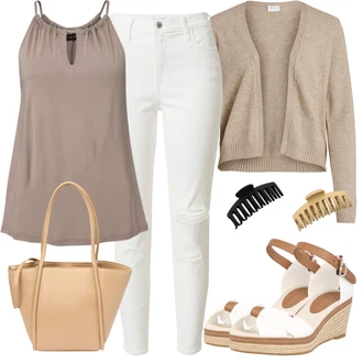 Outfit s Krémová/Bílá/Khaki Kožené bundy/Zkrácené Džíny/Džíny s Dírou/Džíny s Rozparkem/Kotníková Bota/Motorkářské Džíny/Kožená bunda/Capri Džíny Hollister "Pestrý letní outfit"