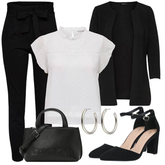Outfit sa Crna Hlača sa Stremenom/Hlače Visokog Struka/Paperbag Hlača/Pletena Tajica VERO MODA "Poslovni look"
