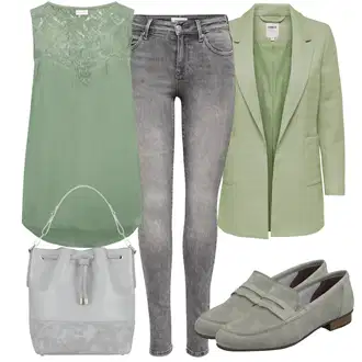 za srednje godine Outfit sa Siva/Smeđa/Tamnozelena/Bež Party Top/Top Bez Rukava/Muške cipele Lascana "Savršen za proljeće"Look: Stil, Sveučilišna, Western, za srednje godine, Empire, Mom, Ekstravagantno, Etno, Vanjski, Boho