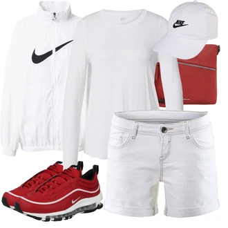 Outfit s Šedá/Bílá/Krémová Tričko/Jednoduchý top/Košile s dlouhým rukávem/Dlouhá košile/Košilový top/Roláková Košile GAP "Sportovní letní outfity"