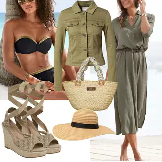 Outfit s Khaki/Béžová Bota Na Klínku/Espadrilka s klínovým podpatkem/Sandál na klínku/Lodička na klínku Guess "Stylová letní nálada"