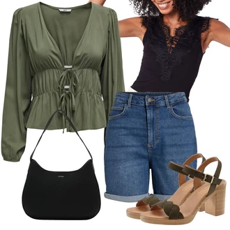 Nadrozměrné Outfit s Modrá/Tmavě modrá/Světle modrá Košile Vysoký pas Kraťasy/Šortky/Džínový Šortky/Bermuda Vila "Stylová letní nálada"Look: Styl, 90tá léta, Cool, Mom, Nadrozměrné, Retro, Vintage