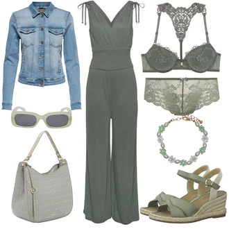 Outfit s Šedá/Tmavě Zelená/Zelená/Hnědá Letní Overall/Overal s půlkulatým výstřihem/Svatební kombinéza/Overal se širokými nohavicemi/Plisovaný Overal/Elegantní Overal Lascana "Stylová letní nálada"