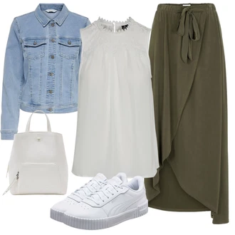 Zapínání na knoflíky Outfit s Šedá/Bílá/Krémová Tričko & Top Krajkované tričko/Krajkový Top/Halenka Bez Rukávů/Pánské boty VERO MODA "Stylová letní nálada"