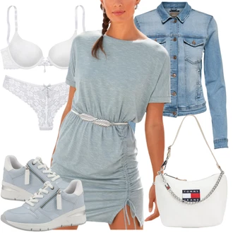 Výstřih na ramena Outfit s Světle modrá/Šedá/Modrá/Světle šedá/Zelená Pouzdrové Šaty/Šaty Niki/Občanské šaty/Ležérní Šaty/Žerzejové Šaty/Tričkové šaty Lascana "Stylový look na jaro"