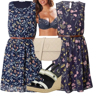 Lehké Outfit s Tmavě modrá/Modrá Ležérní Šaty/Šaty Bez Rukávů/Šaty S Potiskem/Letní Šaty/Šaty Do Áčka/Šaty s Páskem About You "Stylový look na jaro"