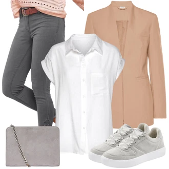 Sportovní Outfit s Šedá/Světle šedá/Tmavě šedá Kožená bunda/Capri Džíny/Dámské Džíny s Délkou 7/8/Sweat Džíny/Sportovní boty/Push up Džín/Kotníková Bota/Kožené Boty/Zkrácené Džíny/Džíny s Nízkým Sedem/Navlékací džíny/Termální Džíny Lascana "Stylový look na jaro"Look: Ležérní, Cool, Krásný, Venkovní, Sexy, Chytrý příležitostný, Sportovní