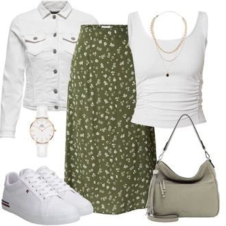 Móda pro plnoštíhlé Outfit s Šedá/Krémová/Bílá/Světle šedá Džínové Bund/Krátký Bund/Letní Bund/Košilová bunda/Krátký Bund/Krátké Džínové Bundičky Only "Stylový look na jaro"