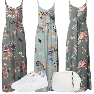 Slavnostní Outfit s Modrá/Světle Modrá/Tyrkysový/Světle zelená Dlouhé Letní Šaty/Šaty S Potiskem/Maxi Šaty/Boho Letní Šaty/Plážové Šaty About You "Stylový look na jaro"Look: Rad, Emo, Boho, Hippie, Mom, Příliš oblečený, Romantický, Univerzitní, Slavnostní
