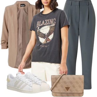 Outfit s Šedá/Tmavě šedá/Světle šedá/Modrá/Hnědá Business Kalhoty/Mrkvová Kalhoty/Obleková Kalhoty/Kalhoty s Vysokým Pasem/Mušelínové kalhoty/Kalhoty se Štěrbinou/Plisovaná Kalhoty/Plisovaná kalhoty/Kalhoty s nášivkou uprostřed guido maria kretschmer women "Stylový look na jaro"