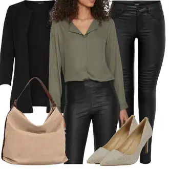so sponou Outfit s Tmavě zelená/Khaki/Šedá/Hnědá/Béžová Blůza s knoflíčkem/Halenka se Stojatým Límcem/Kožená bunda/Dlouhá Halenka/Halenka s Dlouhým Rukávem/Oversize Halenka/Hedvábná Halenka/Slip-on Halenka/Tunikové Tričko Vila "Letní Outfit"