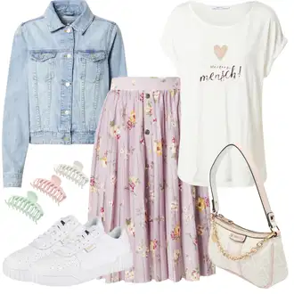 Outfit s Šedá/Lilové barvy/Fialová/Růžová 50tého Léta Sukně/90tá Léta Sukně/Křesťanská Sukně/Sukně S Květinovým Vzorem/Sukně s potiskem/Vintage sukně maxi/Sukně Pro Svatebního Hosta About You "Letní Outfit"