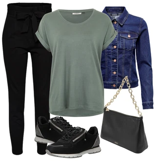 Outfit s Černá Střmenová Kalhoty/Paperbag Kalhoty/Kalhoty s Vysokým Pasem/Pletený Legín VERO MODA "Vzhledy pro volný čas"