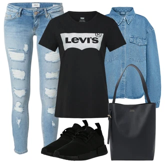 Outfit s Modrá/Hnědá/Růžová/Tmavě Modrá Zkrácený Top/Fancy tričko/Těhotenské tričko/Pletené tričko/Tričko nadměrné velikosti/Košile s potiskem/Top/Tričko s nápisem levi's ® "Vzhledy pro volný čas"
