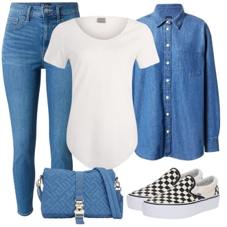 Outfit s Krémová/Bílá Teniska Skate Bota/Nazouvací Teniska/Teniska s dírkovaným vzorem Vans "Vzhledy pro volný čas"