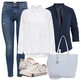 Outfit s Bílá/Krémová Halenka se Stojatým Límcem/Oversize Muselínová Blůza/Žehlení odolná blůza/Businessová Halenka/Oversize Halenka/Halenka s Dlouhým Rukávem/Blůza s knoflíčkem/Slip-on Halenka/Halenkové Body/Lněná Halenka Only "Vzhledy pro volný čas"