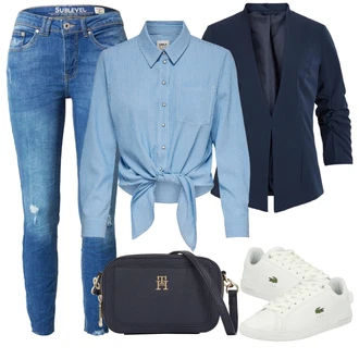 S Mašlí Outfit s Světle modrá/Modrá Zavazovací Halenka/Halenka S Mašlí/Halenkové Body/Džínsová Blůza Only "Vzhledy pro volný čas"
