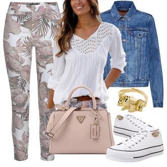 Outfit s Béžová/Modrá/Bílá/Fialová/Krémová Ležérní košile/Mušelínová košile Lascana "Vzhledy pro volný čas"