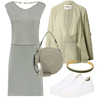 Outfit s Šedá/Světle zelená/Tmavě zelená/Světle šedá/Zelená Šaty Bez Rukávů/Tunikové šaty/Šaty s Kapsou/Šaty s Páskem/Šaty s Předním Zipem/Sportovní Šaty/Pouzdrové Šaty/Občanské šaty/Žerzejové Šaty Lascana "Vzhledy pro volný čas"
