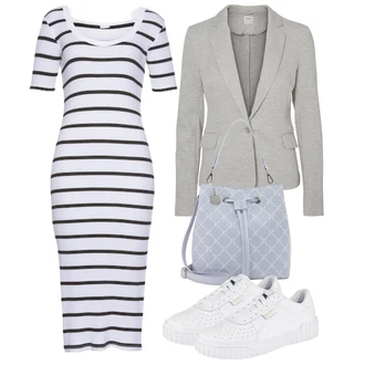 Outfit s Krémová/Bílá/Zelená/Tmavě modrá Šaty v Délce do Lýtka/Tričkové šaty/Dlouhé pletené šaty/Midi Šaty/Žerzejové Šaty/Šaty S Rovným Střihem/Úzké Šaty/Přiléhavé Šaty Lascana "Vzhledy pro volný čas"