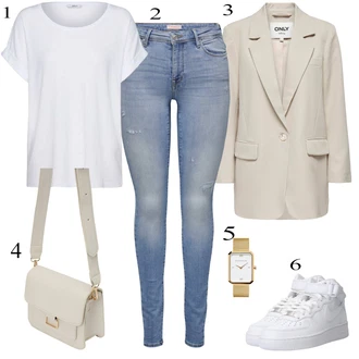 Prevelik outfit mit Bela/Siva/Krem Majica & Top/Srajca & majica velike velikosti/Bluza velika velikost/Tunika Only "Poletna oblačila"Look: Nor, Klasična, Kul, Prevelik, Brez šivov, Preproste