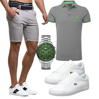 Old Money Outfit mit Grau/Khaki/Hellgrau Chino Shorts/Bermuda/Kurze Hose/Musselin Shorts Indicode "Cooles Outfit"Look: Casual, Feine, Classic, Nahtlos, Sportlich, Moderne, Old Money