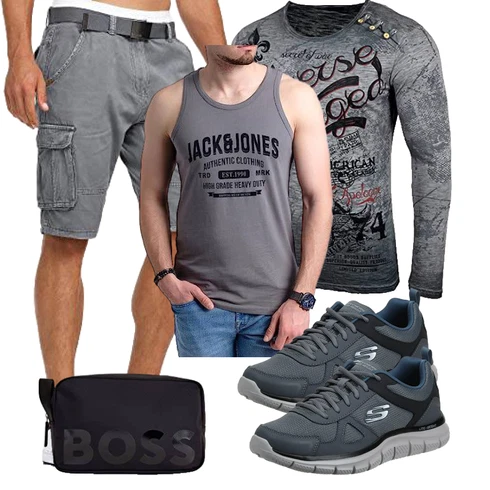 Grau/Dunkelgrau/Khaki/Hellgrau Hemd Cargo Short/Bermuda Indicode kombinieren