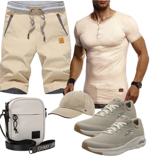 Old Money Outfit mit Beige/Khaki Chino Shorts/Kurze Hose/Bermuda/Musselin Shorts/Baggy Short/Leinen-short/Cargo Short JustSun "Cooles Outfit"Look: Outdoor, Skater, Maritim, Coole, Schön, Workwear, Smart Casual, Old Money, Moderne