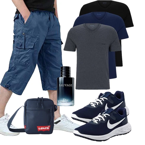 Blau/Grau/Hellblau Hemd Cargo Short/Bermuda KEFITEVD kombinieren