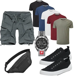 Vintage Outfit mit Grau/Dunkelgrün/Dunkelgrau/Blau/Khaki Cargo Short/Kurze Hose Brandit "Cooles Outfit"Look: Vintage, Uni, Classic, Stil, Casual, Coole, 90er, Workwear, Hip Hop, Outdoor, Skater, Techno