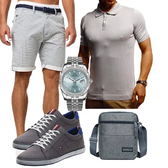 Slim fit Outfit mit Grau/Creme/Weiß Chino Shorts/Bermuda/Musselin Shorts/Kurze Hose/Baggy Short/Sweatshorts/Mesh Short Indicode "Cooles Outfit"