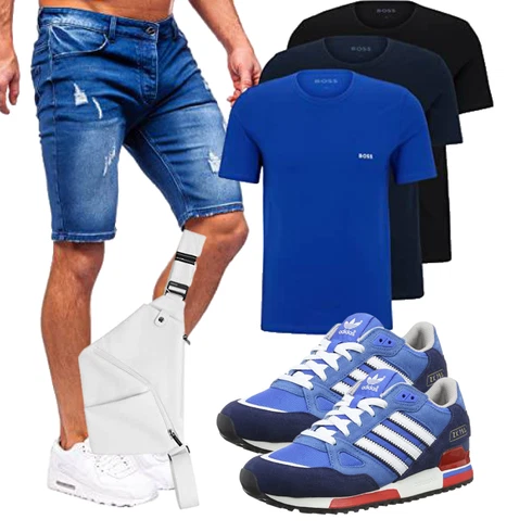 Blau/HellBlau/DunkelBlau Hemd Jeans Short/Bermuda/Kurze Hose BOLF kombinieren