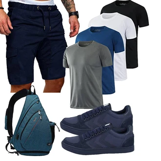 Sommer Outfit mit Dunkelblau/Blau Cargo Short/Musselin Shorts/Kurze Hose/Bermuda Cindeyar "Freizeit Outfit"