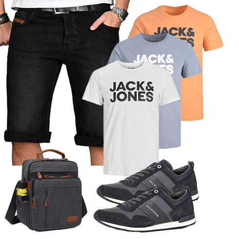 Jeans Schwarz/Dunkelgrau Hemd Jeans Short/Bermuda/Kurze Hose Alessandro Salvarini kombinieren
