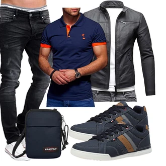 Outfit mit Schwarz/Dunkelgrau/Dunkelblau/Grau Vintage Lederjacke/Motorradjacke/Bikerjacke/Jacke mit Seitlichem Reißverschluss/KunstLederjacke Crone "Freizeit Outfit"