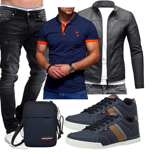 Schwarz/Dunkelgrau/Dunkelblau/Grau Vintage Lederjacke/Motorradjacke/Bikerjacke/Jacke mit Seitlichem Reißverschluss/KunstLederjacke Crone kombinieren