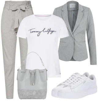 Kombinacije za posao sa Siva/Svjetlosiva/Kaki Boyfriend Hlače/Carrot Hlače/Ležerna Hlača/Hlače Visokog Struka/Jersey Hlača/Jogger Hlača/Paperbag Hlača/Trenirka VERO MODA "Ležerni poslovni outfit"