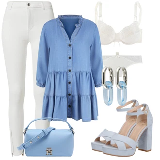 Denim/Traper Outfit sa Svjetloplava/Plava/Pastelne boje Traper Bluza/Duga Bluza/Tunika Majica/Otmjena Tunika/Tunika A kroja Lascana "Lijepi ljetni look"
