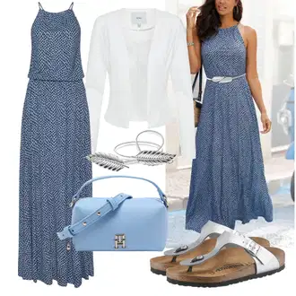 sviatočné Outfit sa Tamnoplava/Siva/Plava/Svjetloplava Maksi Haljina/Haljina na točkice/Duga Ljetna Haljina Lascana "Moderno ljetno raspoloženje"Look: Lagano, 20-ih godina, sviatočné, Boho, Mom, Hippie, 30-ih godina, Preodjeven