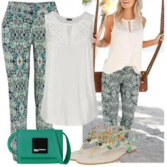 S šljokicama Outfit sa Tirkizna/Zeleno Hlača Velika Veličina Tajice Velika Veličina Lascana "Moderno ljetno raspoloženje"