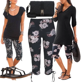 Outfit s Černá/Tmavě šedá/Šedá Tričko s 3/4 rukávem/Jednoduchý top/Mužské běžecké boty/Zkrácený Top/Tričko s vodopádovým výstřihem/Funkční tričko/Pletené tričko/Tričko s krátkým rukávem/Roláková Košile/Zavinovací Tričko Lascana "Módní letní vzhled"