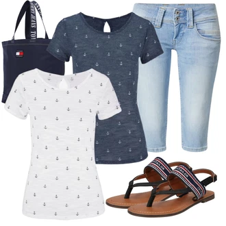 Outfit s Krémová/Tmavě modrá Fancy tričko/Pletené tričko/Polo Tričko/Tričko s potiskem/Košile s potiskem BEACH TIME "Módní letní vzhled"