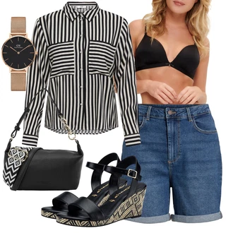 Nadrozměrné Outfit s Modrá/Tmavě modrá/Světle modrá Košile Vysoký pas Kraťasy/Šortky/Džínový Šortky/Bermuda Vila "Módní letní vzhled"Look: Styl, 90tá léta, Cool, Mom, Nadrozměrné, Retro, Vintage