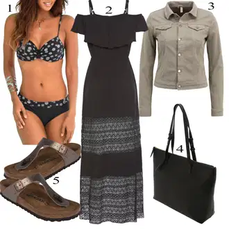 sviatočné Outfit sa Crna/Tamnosiva/Siva Duga Ljetna Haljina/Boho Haljina/Carmen Haljina/Haljina matični ured svat/Haljina S Otvorenim Ramenima/Maksi Haljina Lascana "Tvoj otmjeni outfit"Look: sviatočné, Preodjeven, Boho, Elegantan, Hippie, Old Money, Etno, Western, 20-ih godina