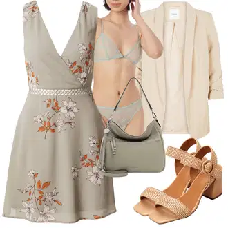 Outfit s Béžová/Hnědá/Fialová/Khaki Vintage šaty/Šaty Do Áčka/Šaty Bez Rukávů/Elegantní Šaty/Šaty S Potiskem/Šaty na Podzim/Letní Šaty/Společenské šaty pro hosta/Pouzdrové Šaty/Zavinovací Šaty About You "Módní letní vzhled"