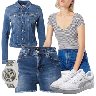 Outfit s Modrá/Tmavě Modrá/Světle Modrá Košile Džínový Šortky LTB "Módní letní vzhled"