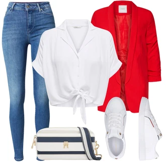 S Mašlí Outfit s Šedá/Bílá/Krémová Halenka a Tunika/Halenka Móda Pro Plnoštíhlou Only "Módní letní vzhled"