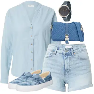Na Procházku Outfit s Světle modrá Blůza s knoflíčkem/Manšestrová Halenka/Kožená bunda pro muže/Lněná Halenka/Halenka s Dlouhým Rukávem Springfield "Módní letní vzhled"Look: Jízda na koni, Na Procházku, Pracovní